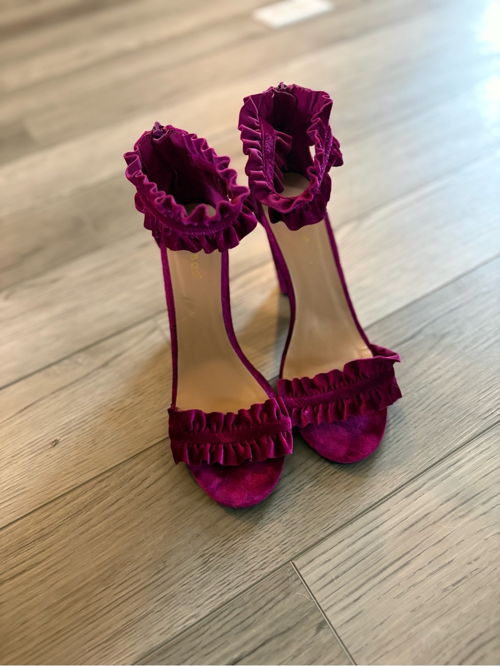 BAMBOO Ruffled Ankle-Strap Heels in Magenta
